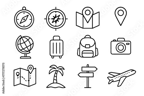 Travel and journey line icon collection with compass, map pin, globe, suitcase, backpack, camera, palm tree, directional sign, airplane. Vector outline symbols for graphic design, apps, adverts, cards