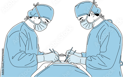 Vector illustration of surgeons performing operation in hospital operating room with sterile equipment, teamwork, precision, healthcare professionals, surgery concept