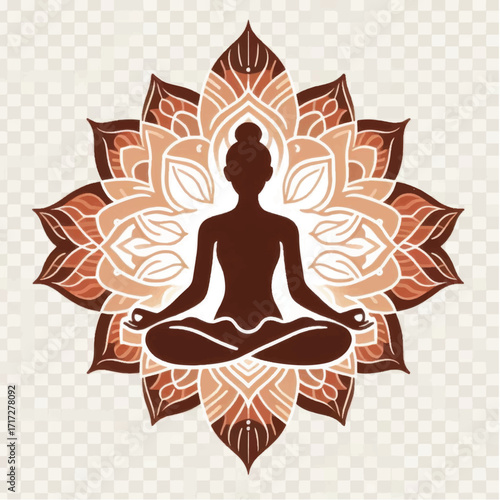 Woman silhouette in lotus yoga pose on decorative mandala background.