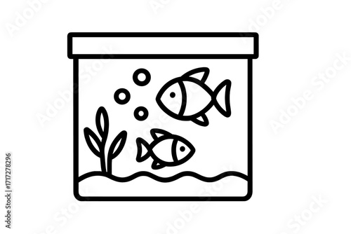Aquarium line icon with two fish and plant. Simple vector illustration of a fish tank. Pet shop symbol. Underwater life concept. Minimalist outline graphic for web design.