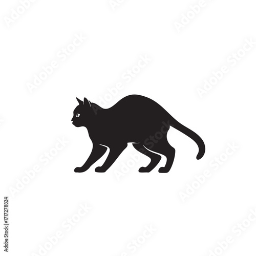 Black cat silhouette prowling isolated on white background silhouette