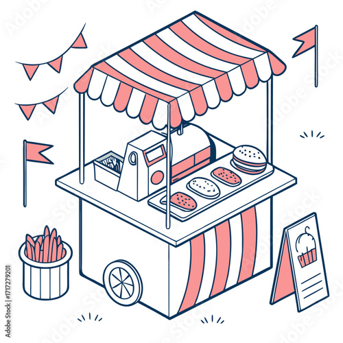 Vector illustration of a street food cart with burgers, fries, and striped canopy stand. Perfect for fast food, market, and outdoor festival concepts.