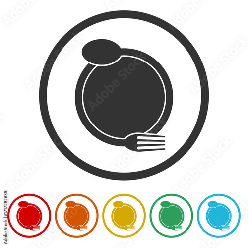 Fork and spoon restaurant icon. Set icons in color circle buttons