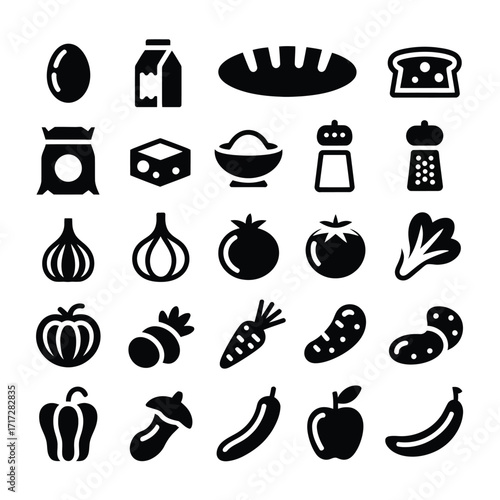 Clean Silhouettes of Basic Grocery Food and Vegetable Icons  Minimalist Style for Web, App, Menu UI, and Diet Planner Projects