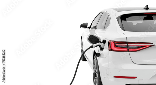 A sleek white electric vehicle (EV) car with modern LED rear lights, precisely charging via a black cable, against a pristine transparent studio background with copy space. Concept of electric