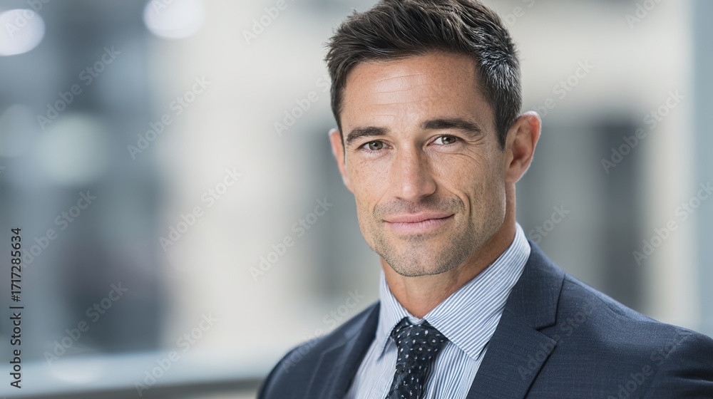 Fototapeta premium Confident businessperson in formal attire with a subtle smile, soft lighting highlighting professional demeanor.