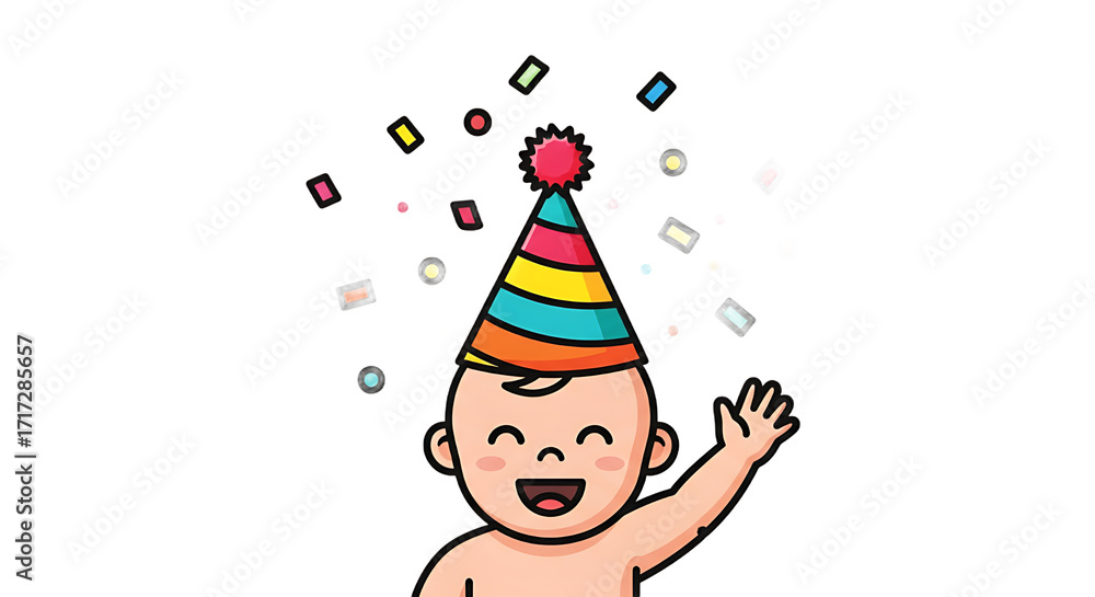 Naklejka premium Adorable baby celebrates a joyous milestone with colorful confetti and a festive party hat, expressing pure happiness