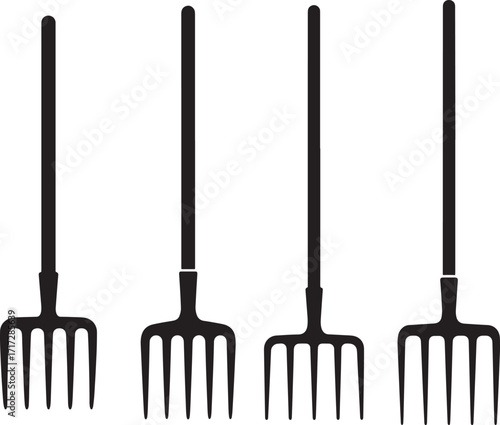 Four black garden pitchforks in a row silhouette