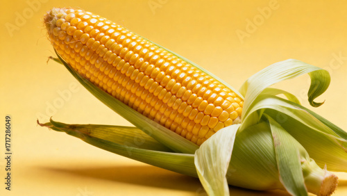 Fresh ear of yellow corn with husk partially peeled on a yellow background