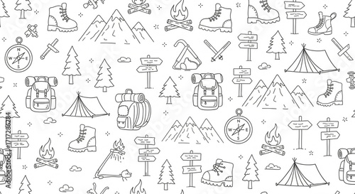 Seamless HandDrawn Camping and Hiking Doodle Pattern on White Background.