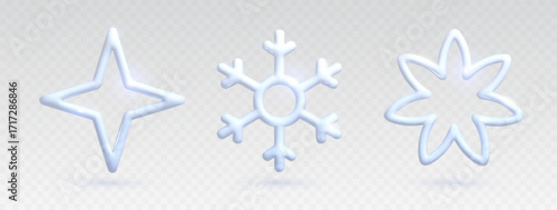 Set of 3d plastic white snowflakes isolated on transparent background. Christmas holiday decorations. Vector illustration