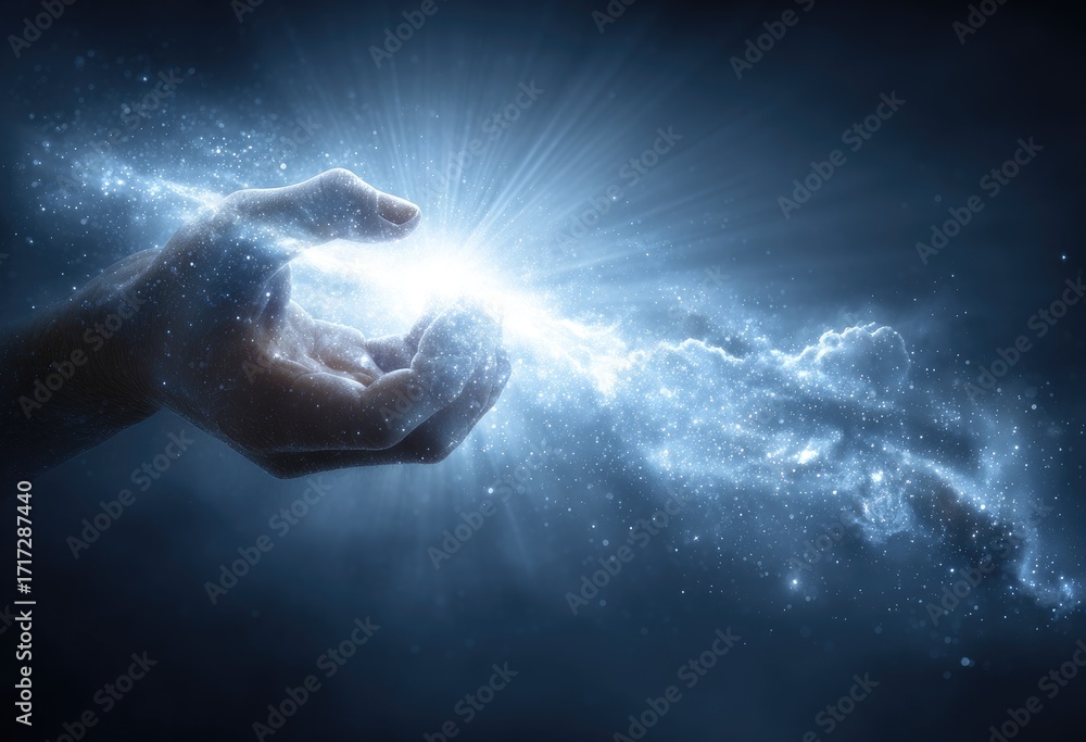 Fototapeta premium Hand holding a glowing orb of cosmic energy.