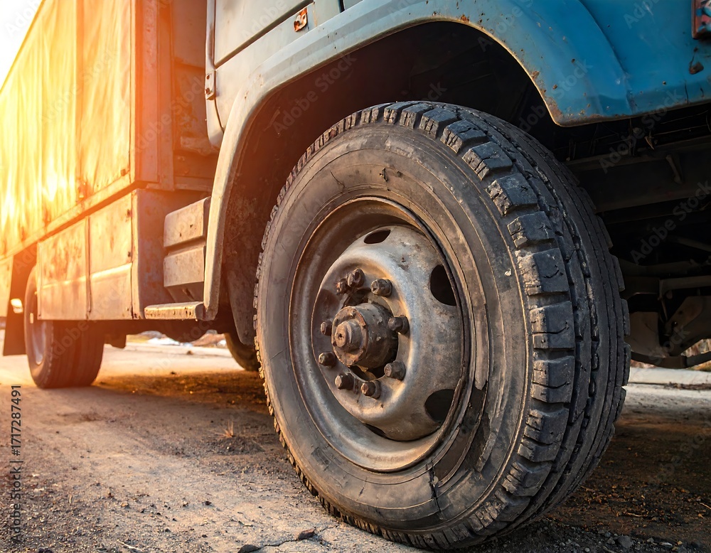 Fototapeta premium Close-up of truck tire and wheel at sunset