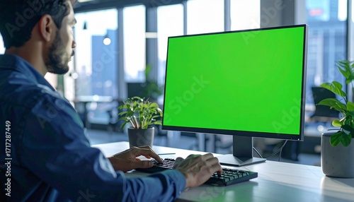 Man Working on Computer with Green Screen Mockup