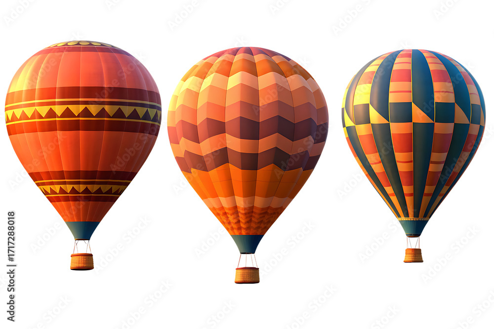 Fototapeta premium Three Hot Air Balloons With Geometric Patterns Against Background white image isolated on a transparent background