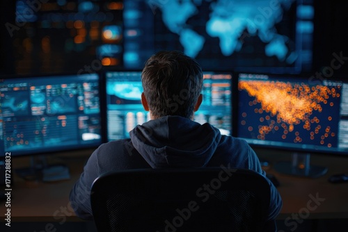 Cybersecurity expert analyzing threat map on multi-monitor setup, midnight blue and amber orange, critical infrastructure scene