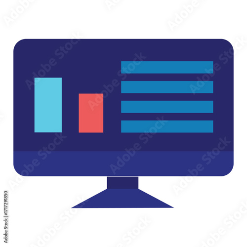 A computer monitor icon isolated on white background, displaying data visualization and information in a modern, flat design style