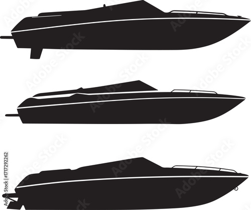 Three speedboat silhouettes showing different angles and details silhouette