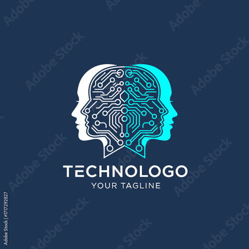 Technology logo concept featuring two human head silhouettes filled with a digital circuit board brain, symbolizing artificial intelligence.