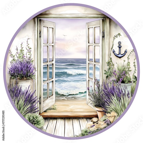 Watercolor Painting of an Open Window Overlooking the Sea