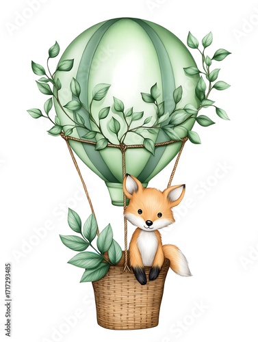 Cute Fox in a Hot Air Balloon with Green Leaves