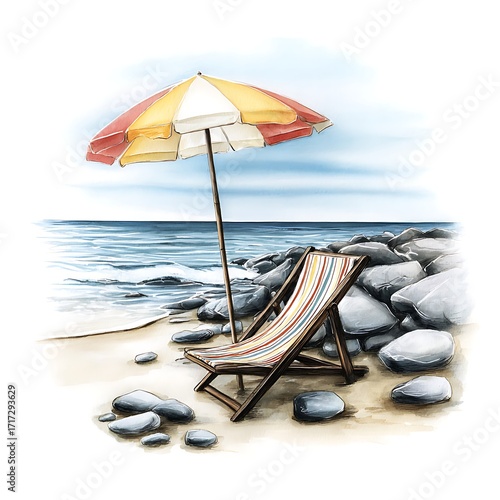 Watercolour Painting of a Beach Chair and Umbrella on a Rocky Shore