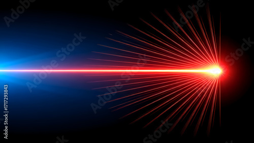 Red laser beam transitions from blue glow—converging into radiant burst with spectral velocity and ignition.
