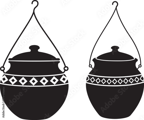 Two hanging clay pots with decorative bands silhouette