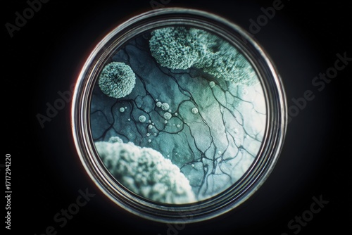 Microscope lens showing edited bacteria strain, steel gray and mint white, highly detailed shot 