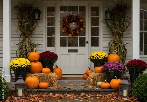 Festive Thanksgiving Porch Decor with Pumpkins, Cornstalks, and Autumn Wreath