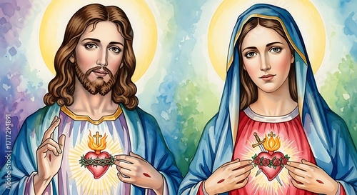 Jesus and Mary with Sacred Hearts on Their Chests – Christian Religious Vector Illustration Symbolizing Divine Love and Compassion