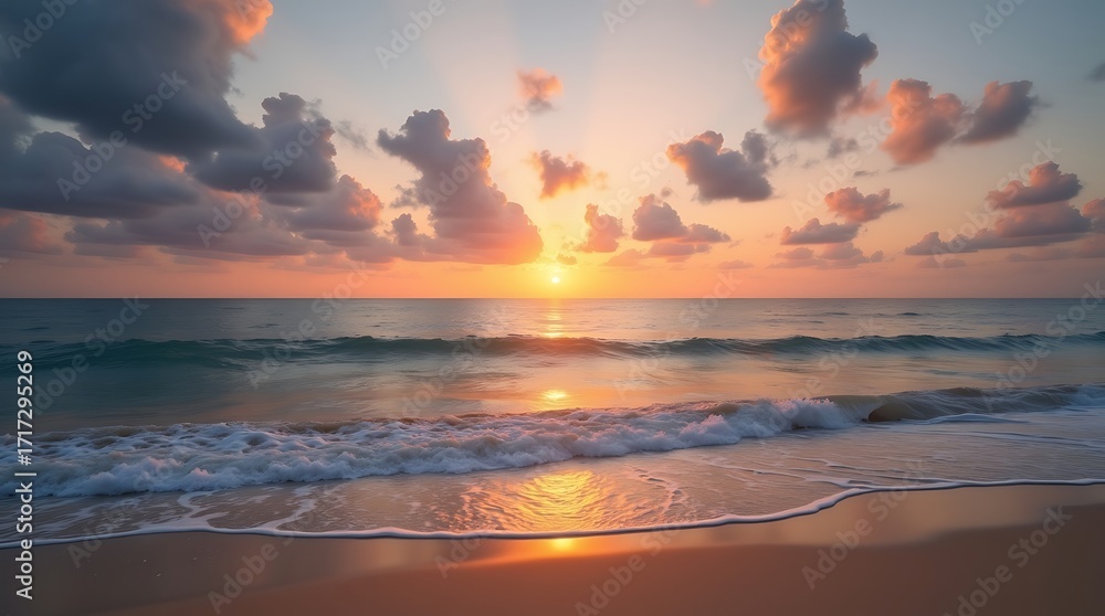 Fototapeta premium Beautiful beach sunrise ocean waves sand clouds peaceful morning scenery nature photography travel destination