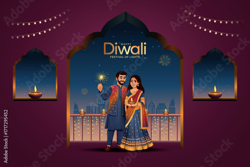 Indian festival of lights Happy Diwali with happy couple in home, holiday Background, Diwali celebration greeting card, vector illustration design.