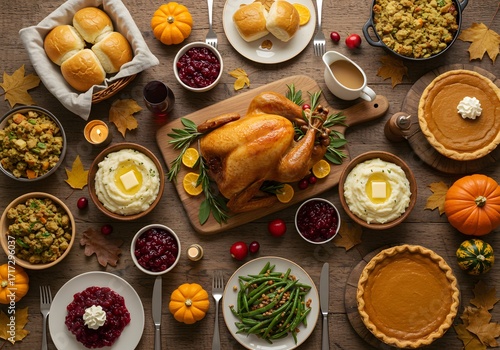 Top Down Thanksgiving Feast with Roasted Turkey on Rustic Farmhouse Table