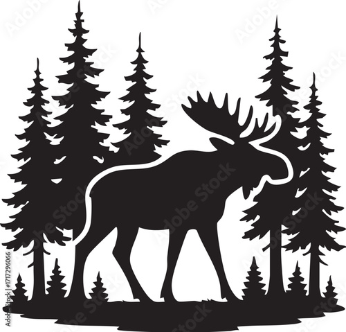 Silhouette of moose in pine forest