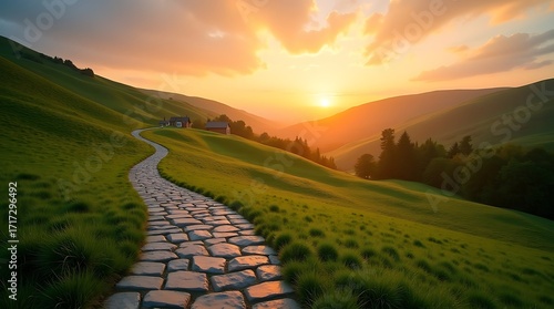 Beautiful landscape scenic view of green hills with stone path at sunset travel photography wallpaper hd nature