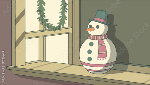 Charming Cartoon Snowman on a Rustic Windowsill with Festive Green Garland - Cozy Winter Holiday Illustration