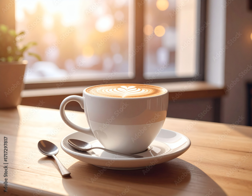 Fototapeta premium A close-up of a hot latte or cappuccino with heart-shaped foam art in a ceramic cup, with a spoon in sharp focus.