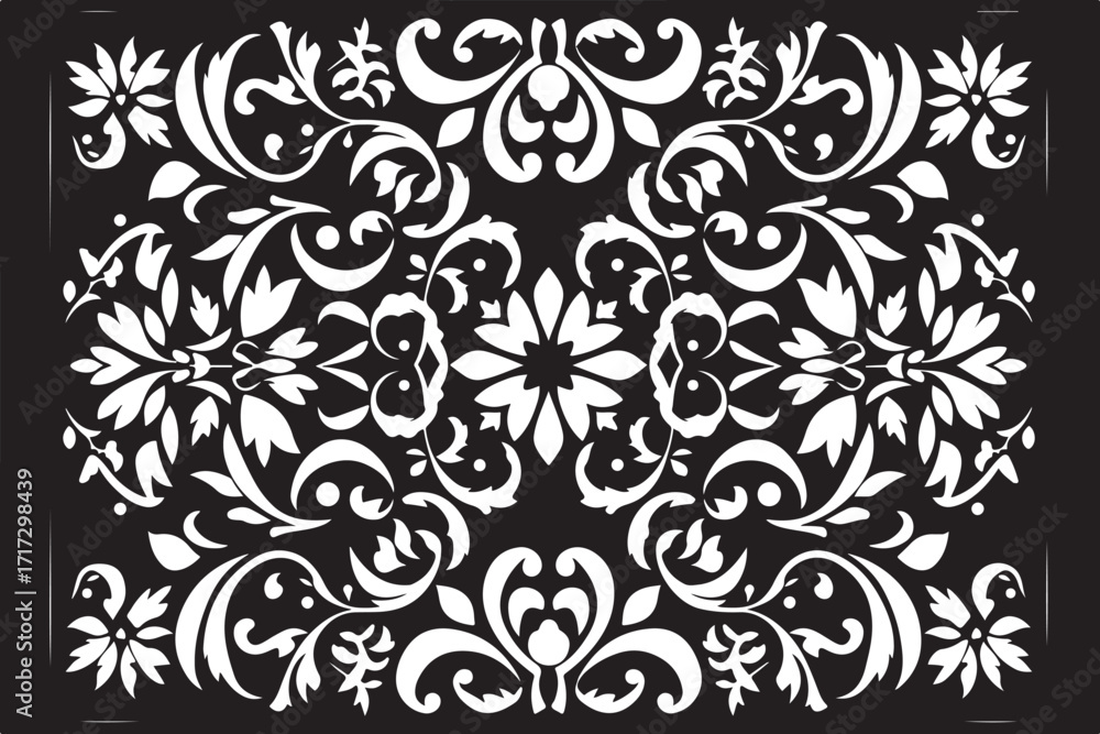 Intricate black and white floral damask pattern decorative element abstract design laser cut