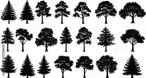 Tree Silhouette Grid Featuring Diverse Deciduous and Coniferous Shapes in Vector Format for Nature, Landscape, Botanical, and Artistic Design Use