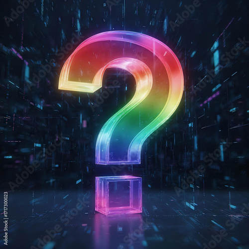 Vibrant 3D Translucent Question Mark Symbol Against Dark Background:
Visualizing Curiosity, Inquiry, and Modern Digital Aesthetics with Sleek Lighting