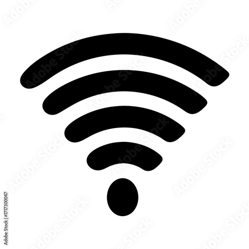 WiFi signal icon silhouette-Black silhouette of a WiFi signal symbol with curved lines and a dot, representing wireless internet, network connectivity, and communication technology.