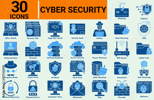 Cyber security icon set two color glyph style. Including computer virus, malware, phishing, firewall, hacker, VPN, data protection, secure payment, and online safety symbols.