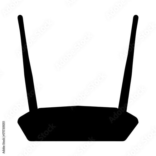 WiFi Router Silhouette Ico-Black silhouette icon of a WiFi router with two antennas, representing internet, wireless connection, or network device.
