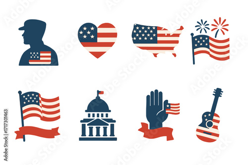 Icon set featuring united states flag in patriotic symbols and silhouettes