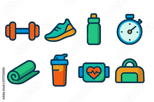Colorful gym equipment icons for fitness enthusiasts and health lovers