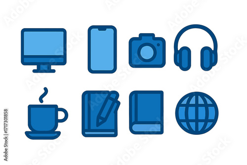 Modern technology and lifestyle icons in blue flat design