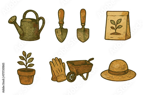 Rustic gardening tools and accessories set featuring vintage watering can and wheelbarrow