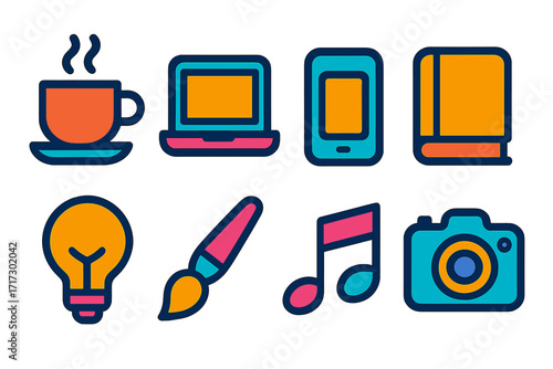 Colorful icons of everyday objects in modern flat design style