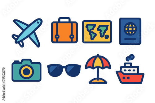 Travel icons set: airplane, luggage, passport, map, ship in flat style